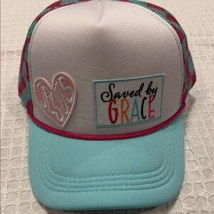 White and Teal Trucker Hat with Heart Patch
